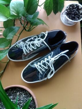 Women's Black Overlayed With Clear Plastic Platform Sneakers